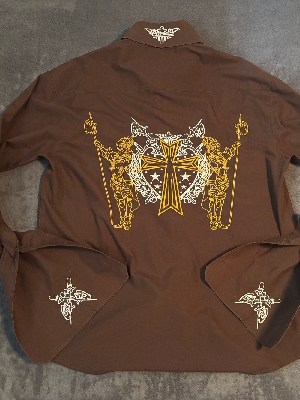 Y2K-inspired Manzini Men's XL Brown Embroidered Cotton Collared LS Shirt